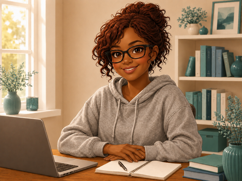 Bleepbook founder studying at home in a relaxed grey hoodie