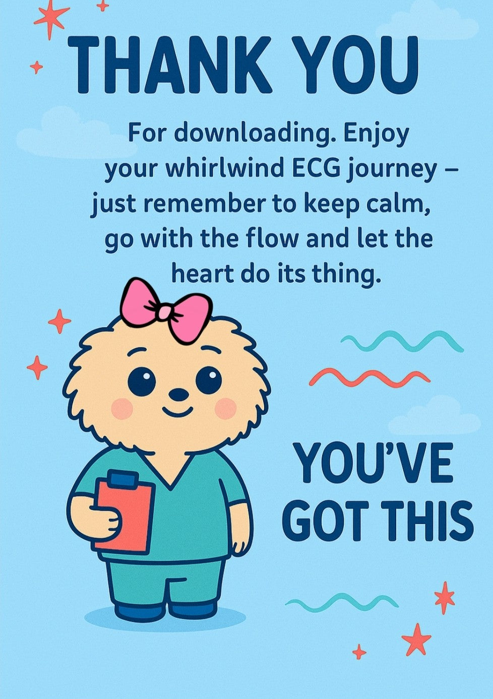 Cartoon character with a pink bow and text on a blue background