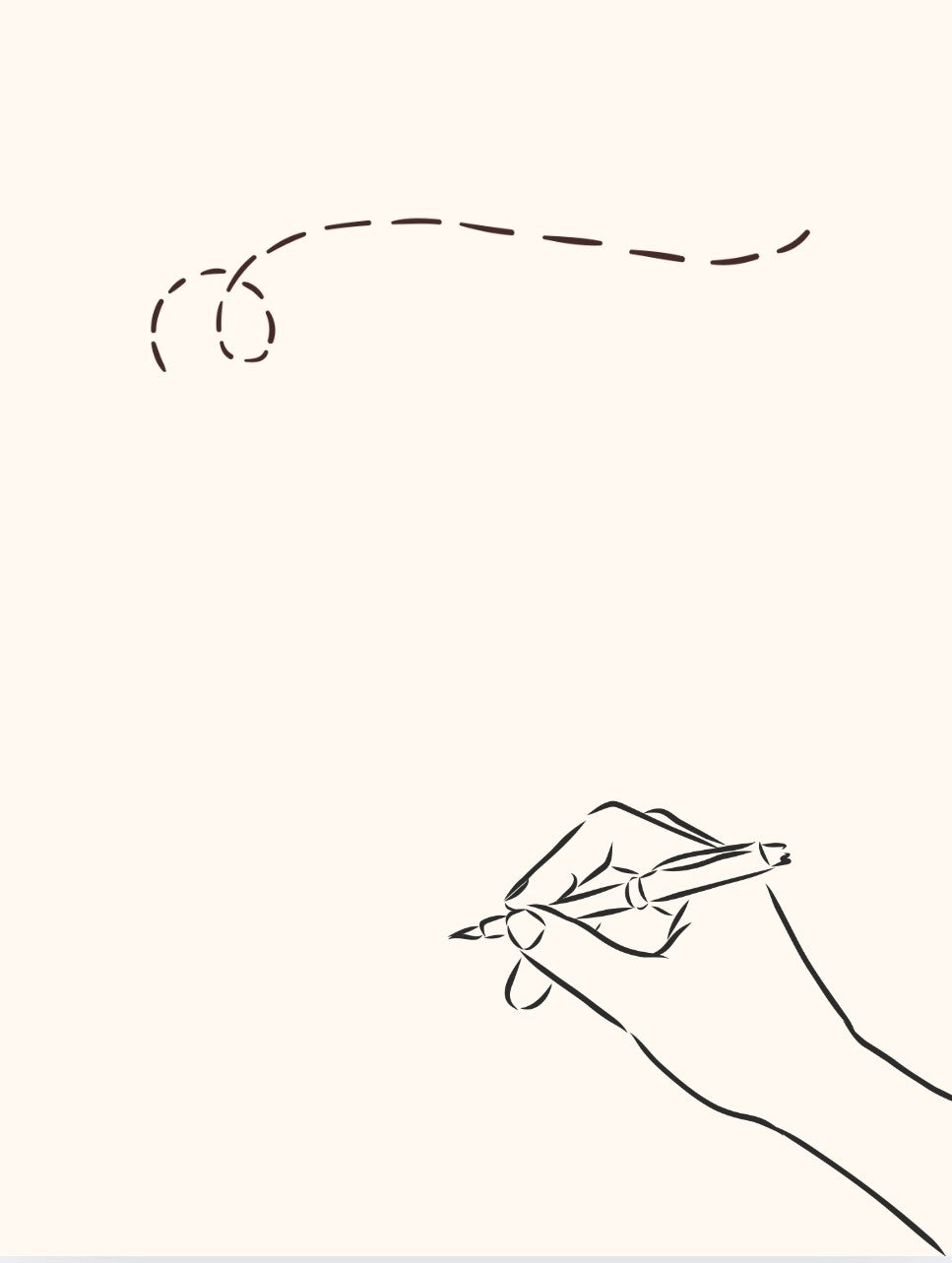 Outline drawing of a hand holding a pen with a thought bubble above it on a white background