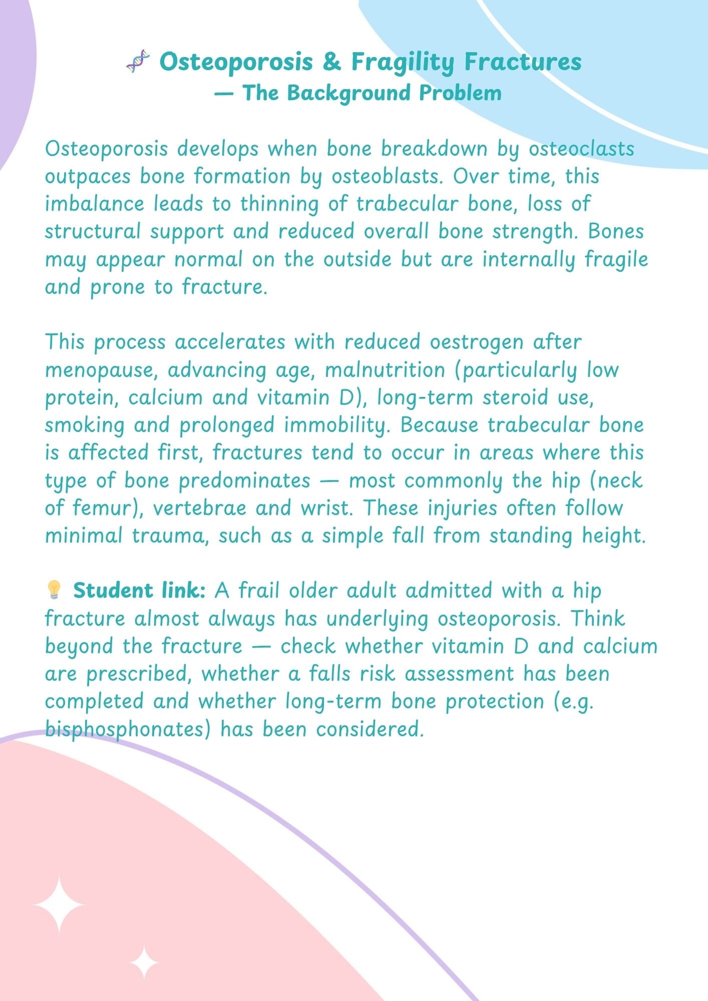Educational text about osteoporosis and fragility fractures on a light background