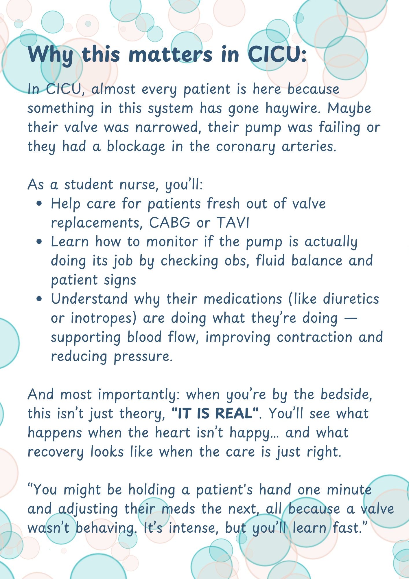 Text explaining the importance of CICU (Cardiac Intensive Care Unit) nursing with a white background and blue circular graphics.