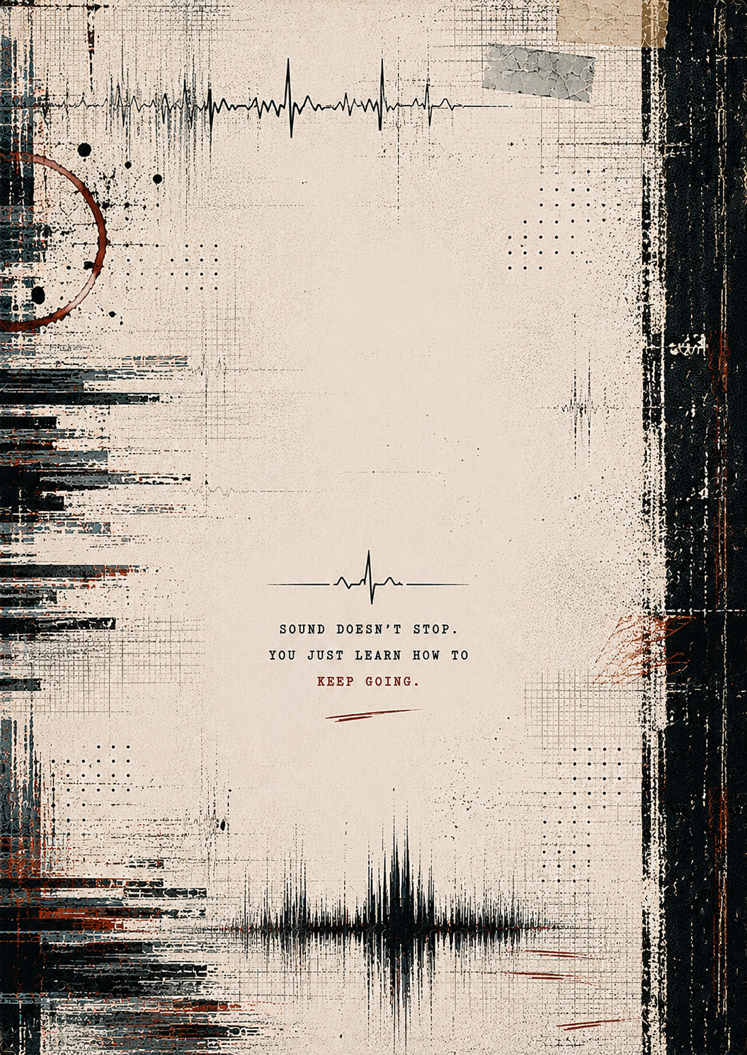 Artistic depiction of sound waves with a motivational quote on a textured background