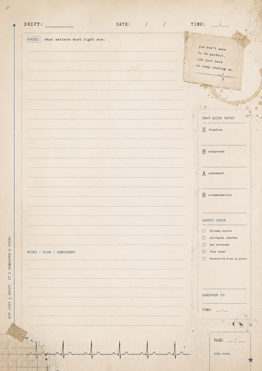 Vintage-style medical record sheet with ECG at the bottom