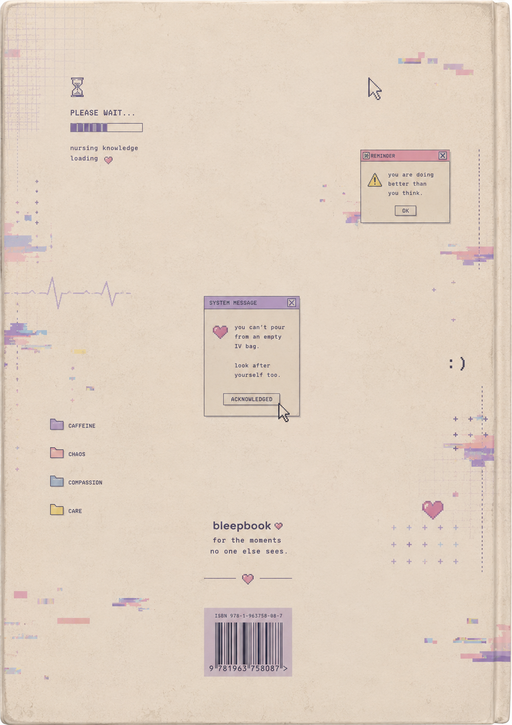 Notebook cover with digital interface design and text, featuring the brand 'bleepbook'.