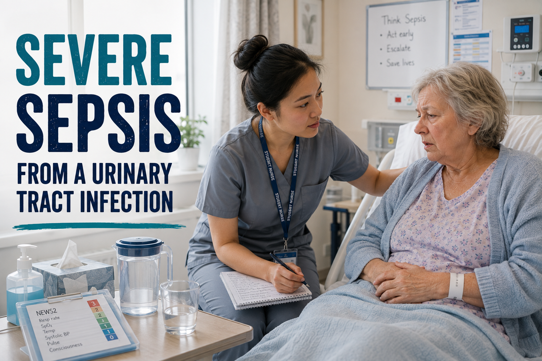 Student nurse in grey scrubs assessing an older woman with urosepsis on a UK hospital ward.