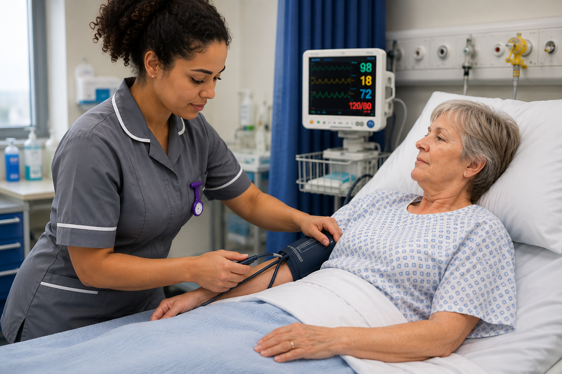 Student nurse measuring an adult patient's blood pressure during routine observations on a hospital ward
