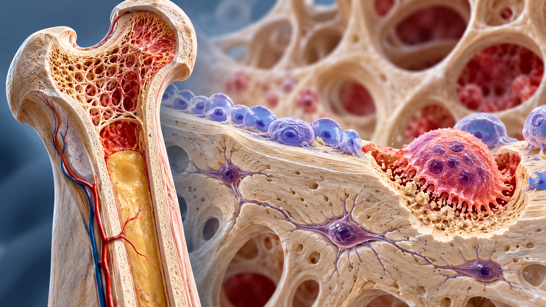 “Composite medical illustration of a living long bone showing trabecular and cortical bone, yellow marrow, blood vessels, osteoblasts, osteocytes and an osteoclast during bone remodelling.”