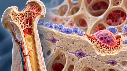 “Composite medical illustration of a living long bone showing trabecular and cortical bone, yellow marrow, blood vessels, osteoblasts, osteocytes and an osteoclast during bone remodelling.”