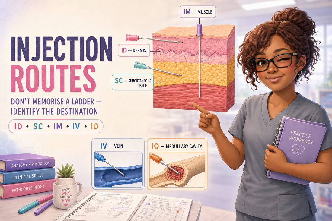 Student nurse learning the tissue targets for common injection routes