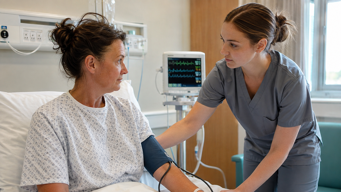 Student nurse assessing an adult patient using the ABCDE approach on a UK hospital ward.