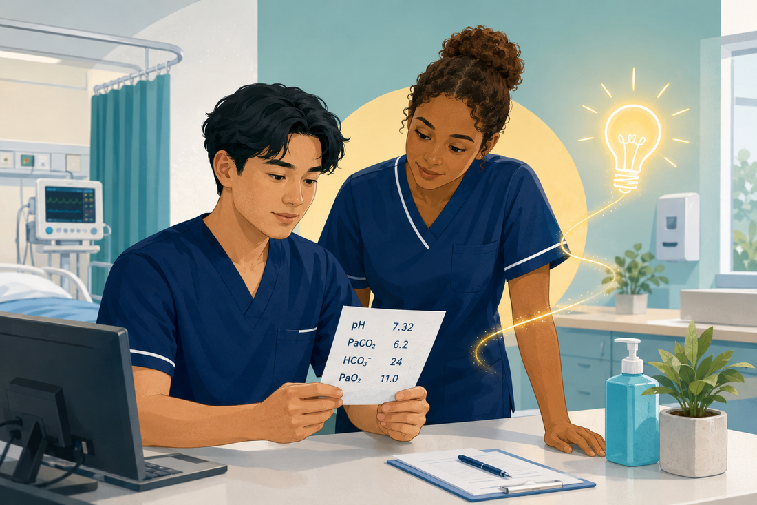 Student nurse and registered nurse reviewing an arterial blood gas result on a hospital ward
