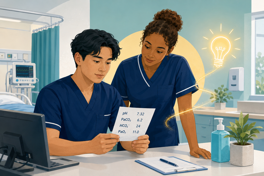 Student nurse and registered nurse reviewing an arterial blood gas result on a hospital ward