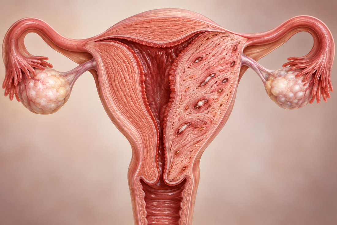 Cutaway uterus showing a normal myometrium on one side and adenomyosis within the uterine muscle on the other.