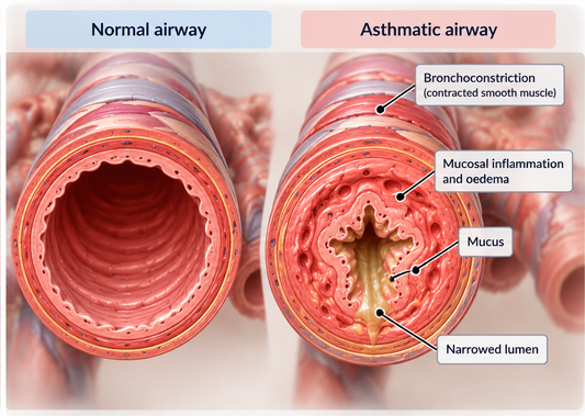 Normal airway compared with an asthmatic airway showing bronchoconstriction, mucosal inflammation and oedema, mucus and a narrowed lumen
