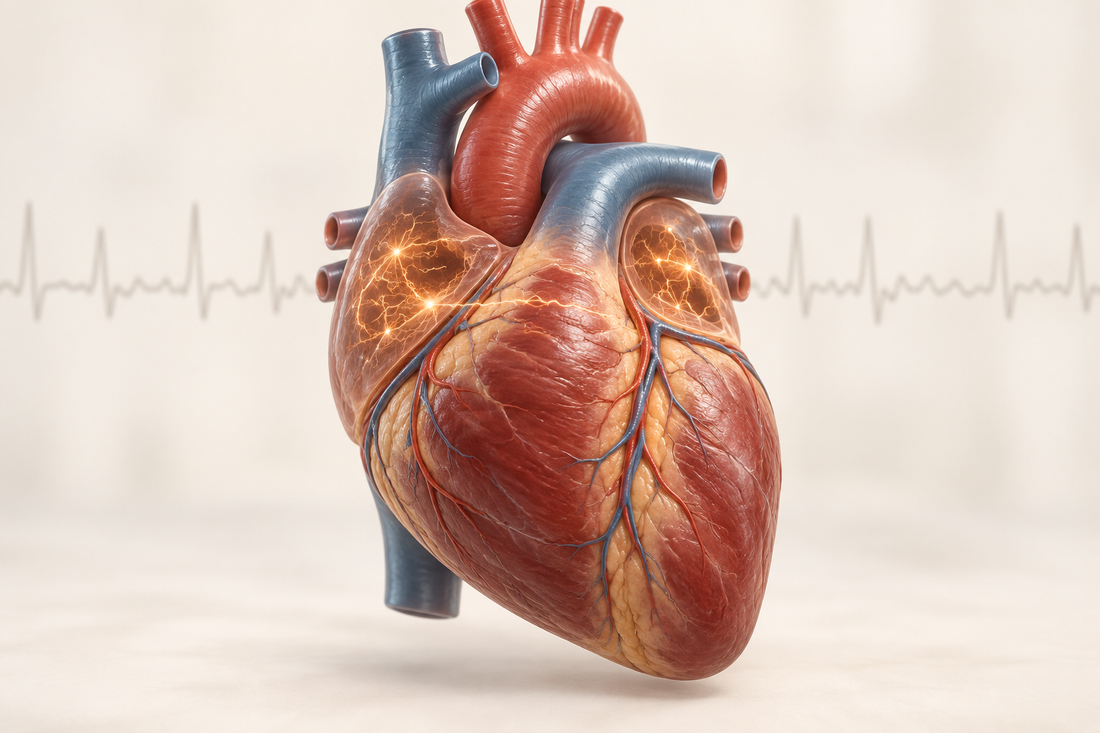 Anatomical heart with irregular electrical activity highlighted across the atria.
