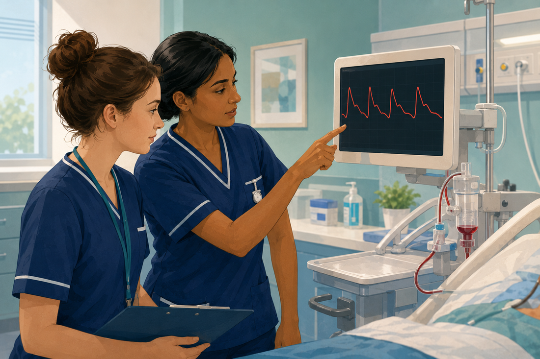 Student nurse learning what to notice in an arterial line waveform
