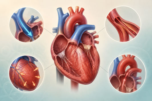 Heart illustration showing the factors involved in preload, afterload, contractility and cardiac output