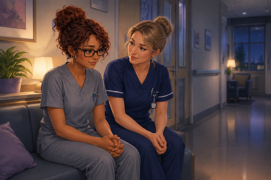 Registered nurse sitting supportively beside a student nurse after a patient death