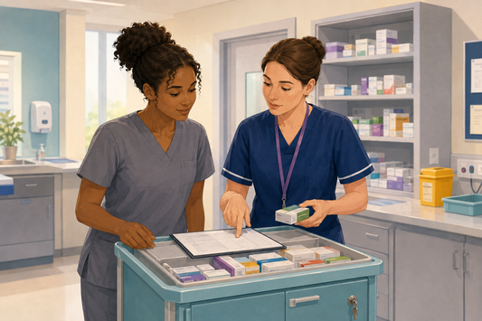 Student nurse reviewing common medicine classes with a registered nurse in a hospital medicines room