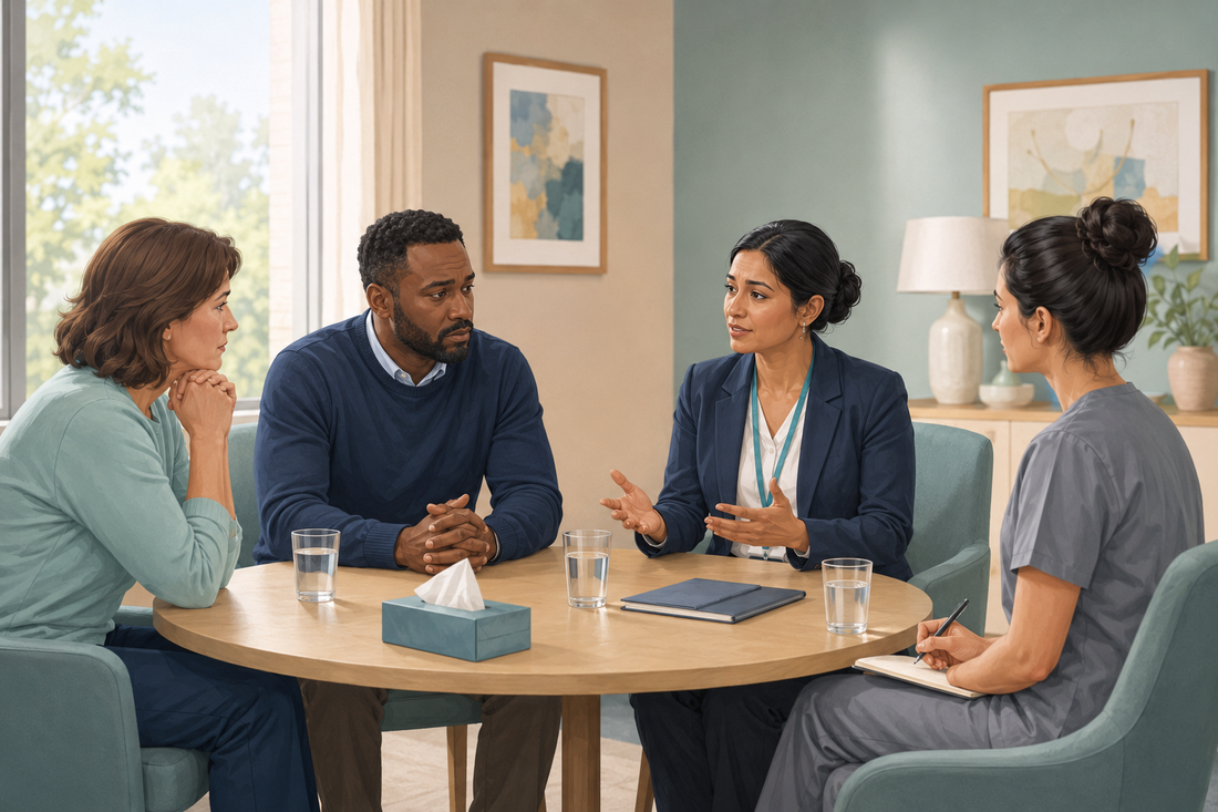 Healthcare professional supporting relatives during a difficult discussion about care