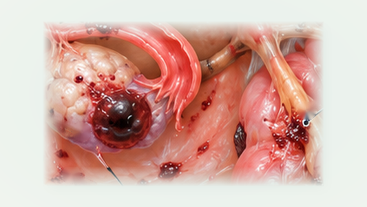 Medical close-up of ovarian and pelvic endometriosis lesions, no text or labels