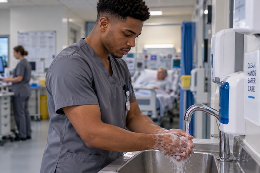 Male student nurse in grey scrubs washing his hands at a clinical sink on a hospital ward, with a patient in the background.