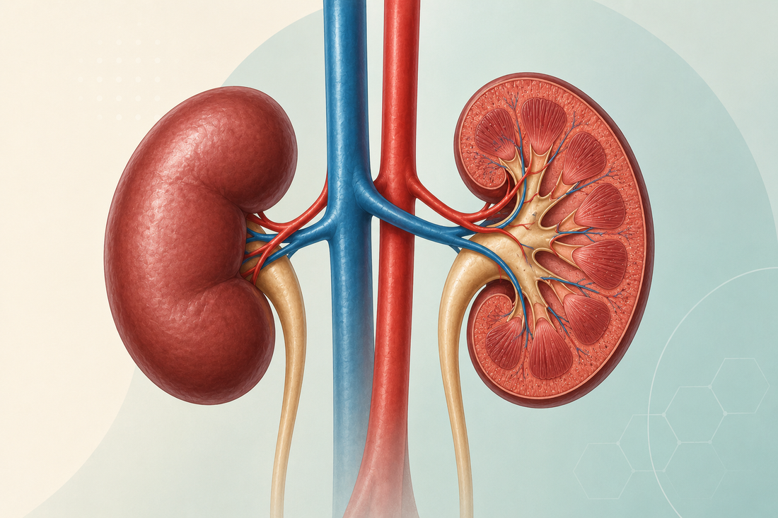 Paired kidneys showing renal blood vessels, ureters and internal kidney anatomy