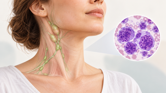 Enlarged cervical lymph nodes with an inset showing abnormal lymphoid cells in lymphoma