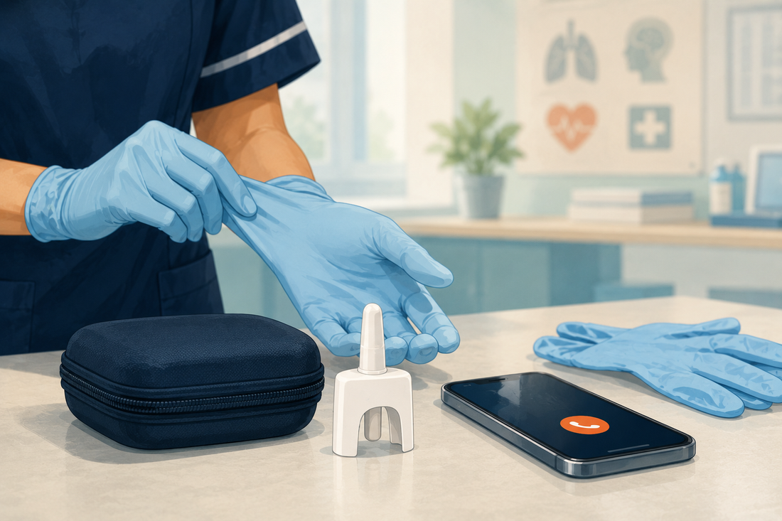 Naloxone device, emergency phone and gloves prepared for opioid overdose response