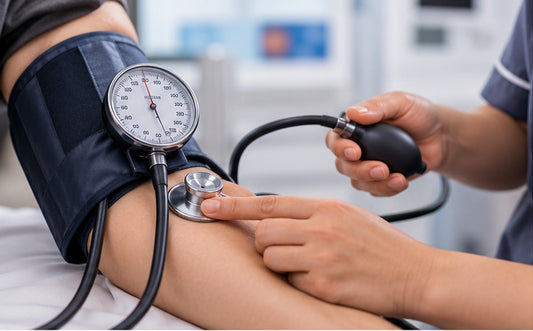 Unlabelled realistic clinical illustration showing manual blood pressure measurement at the upper arm