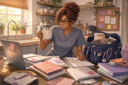 Student nurse balancing coffee, placement notes and Bleepbook work at home