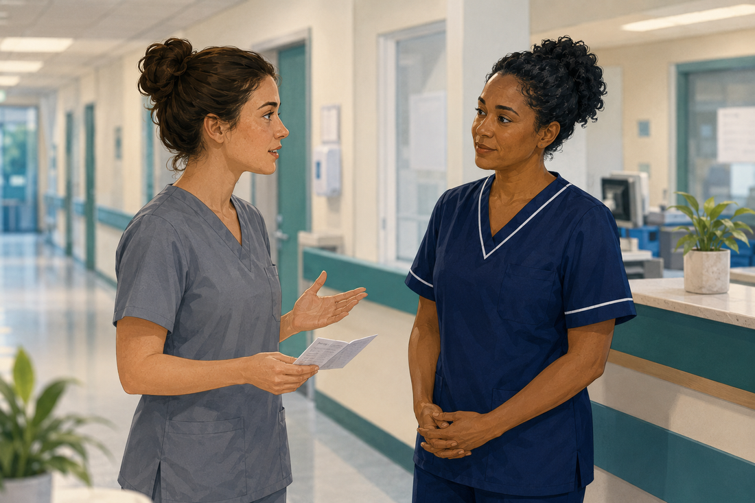 Student nurse using SBAR to communicate a patient concern clearly to a registered nurse