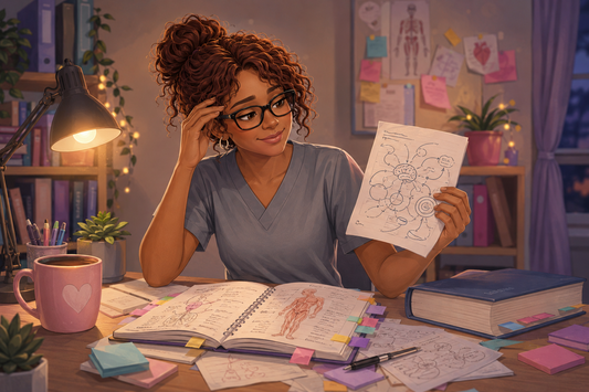 Student nurse smiling at a page of confusing notes during an evening study session