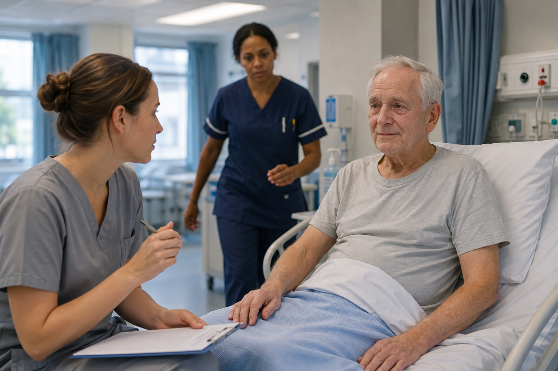 Student nurse noticing subtle neurological changes in a patient on a stroke ward