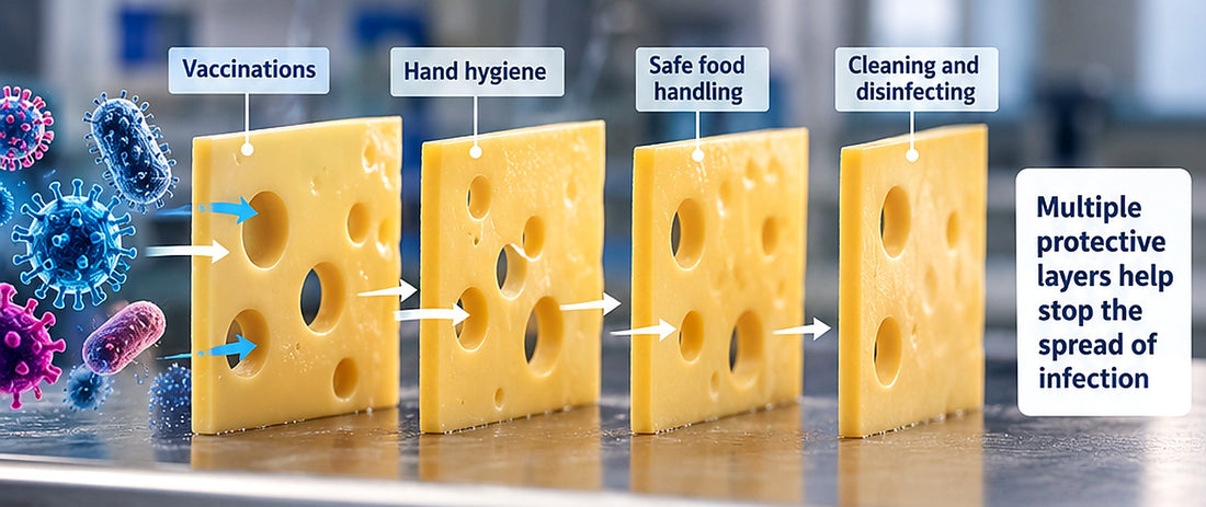 Swiss Cheese Model illustrating multiple infection prevention layers that help reduce transmission.