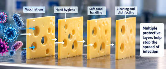 Swiss Cheese Model illustrating multiple infection prevention layers that help reduce transmission.
