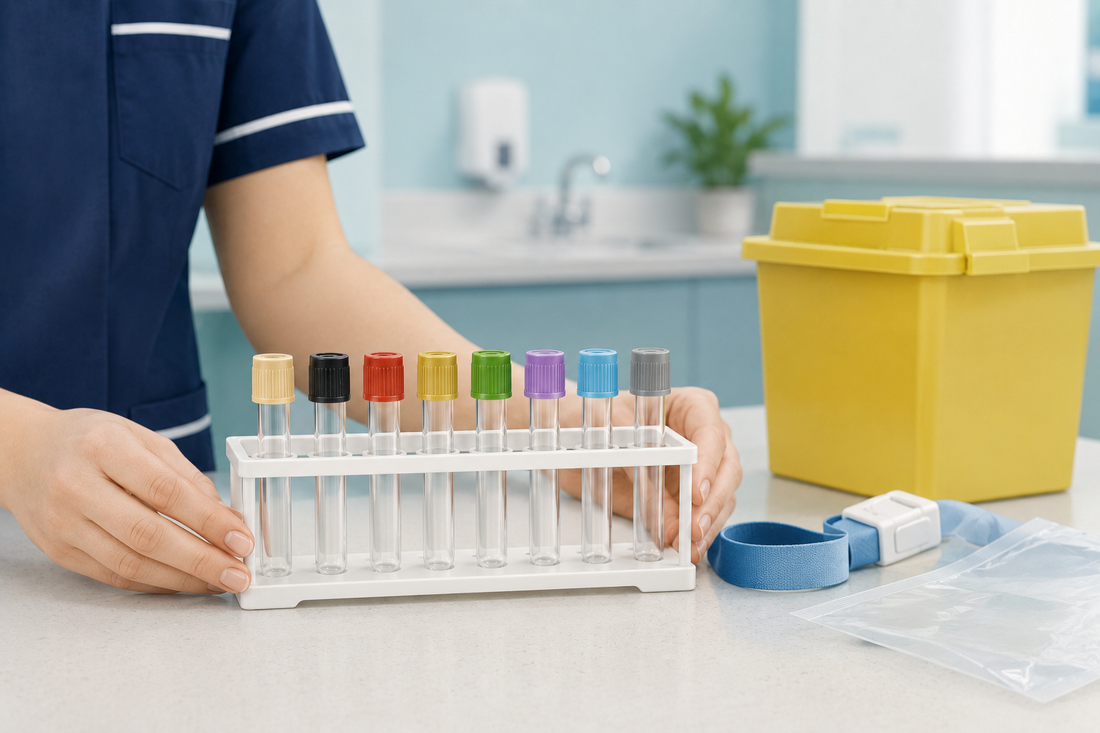 Blood collection tubes with different cap colours arranged in a clinical skills room