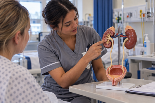 Student nurse in grey scrubs using an anatomical urinary system model to explain kidney and bladder anatomy in a clinical learning setting.