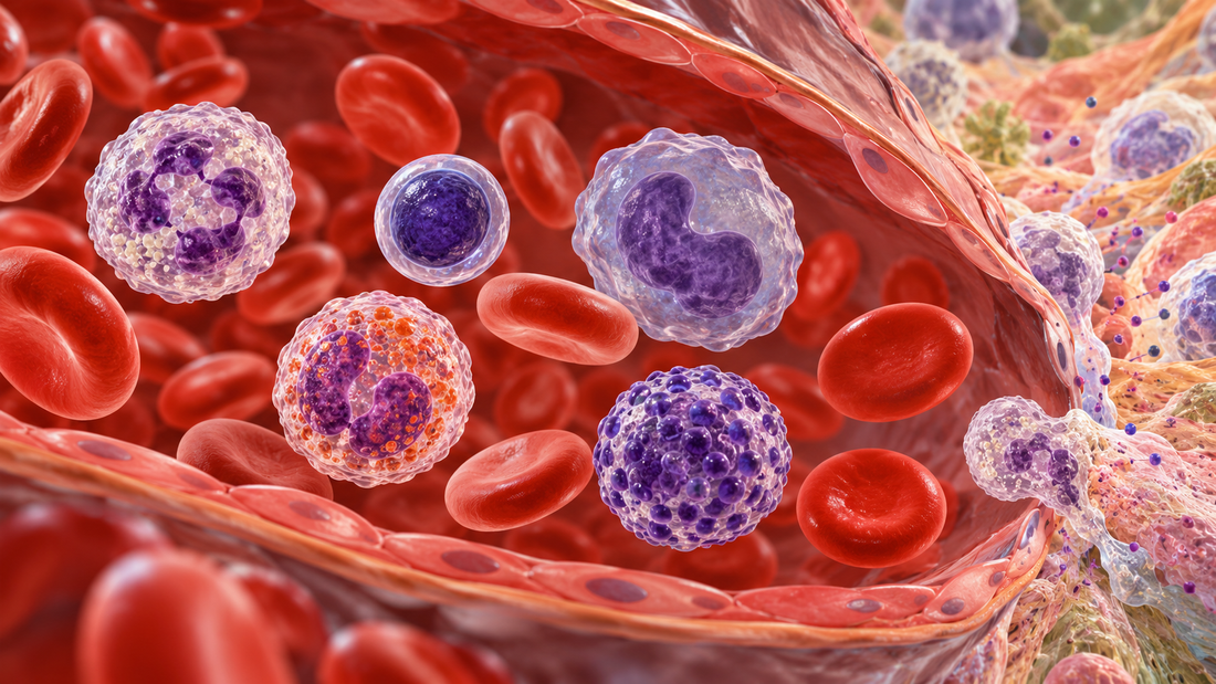 White blood cells and red blood cells circulating within a blood vessel