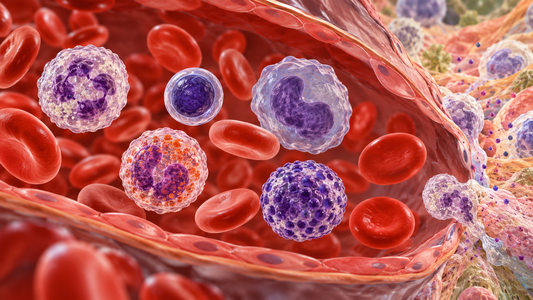 White blood cells and red blood cells circulating within a blood vessel