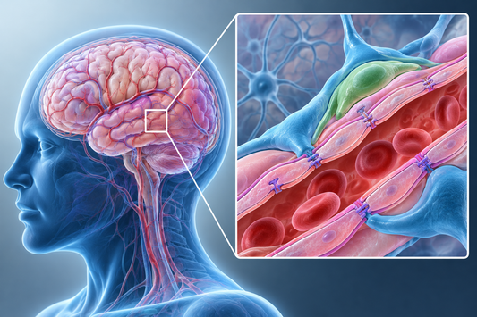 Medical illustration of the brain with a magnified cerebral capillary showing endothelial cells, tight junctions, astrocyte processes and a pericyte forming the blood-brain barrier.