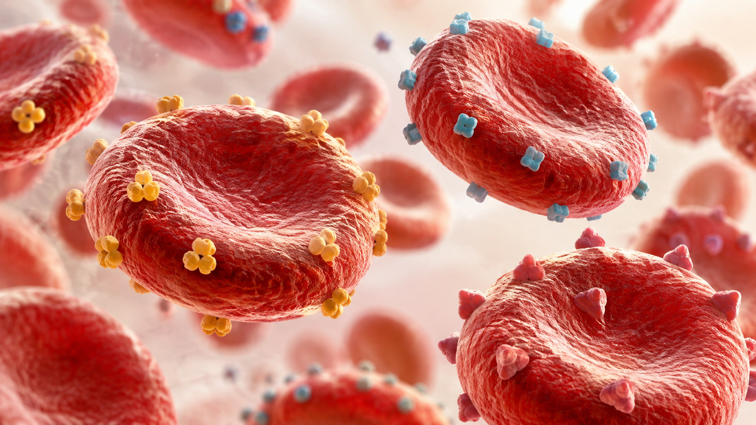 Close-up red blood cells with different surface antigen patterns representing blood group variation.