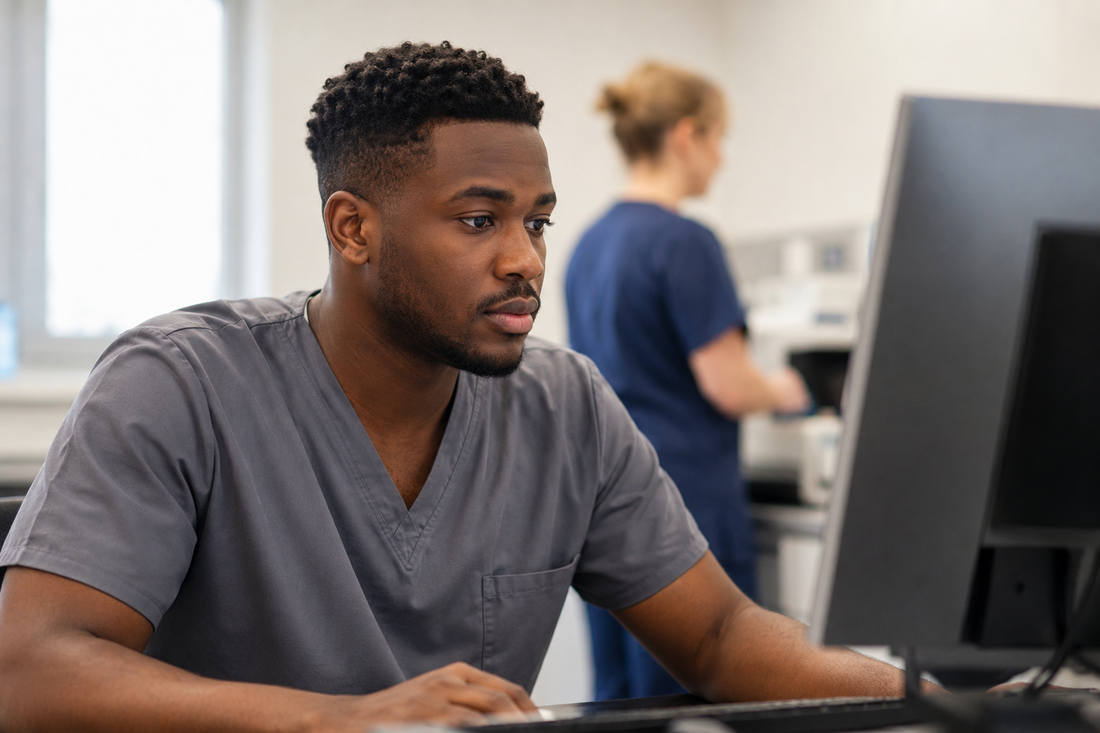 Black student nurse reviewing blood test results at a computer in a UK hospital clinical workroom.