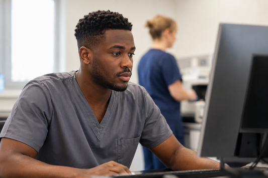Black student nurse reviewing blood test results at a computer in a UK hospital clinical workroom.
