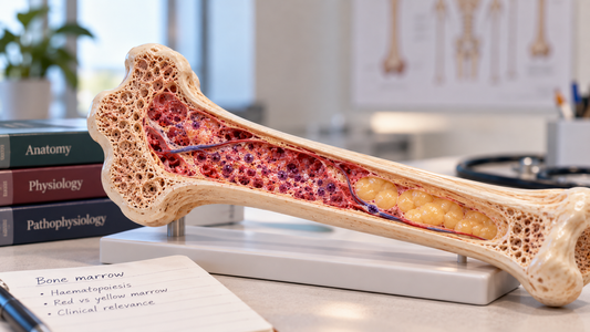 Cutaway model of a human long bone showing cancellous bone, red bone marrow, yellow marrow and marrow blood vessels.