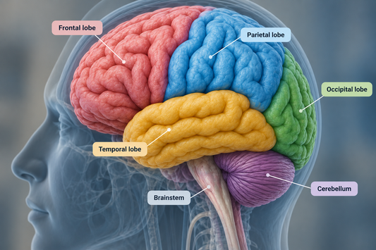 Lateral view of the brain showing the frontal, parietal, temporal and occipital lobes, cerebellum and brainstem.