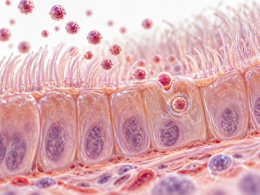Microscopic teaching illustration of Chlamydia trachomatis elementary bodies interacting with ciliated epithelial cells.