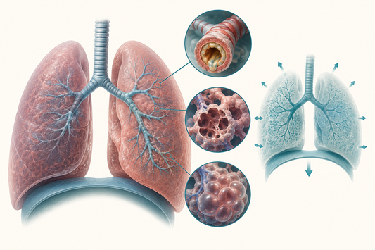 Medical illustration of COPD showing narrowed airways, damaged alveoli and air trapping