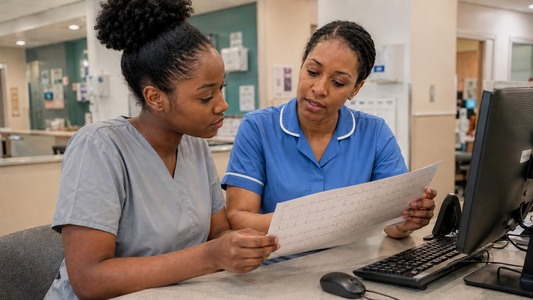 Student nurse in grey reviewing a 12-lead ECG with a registered staff nurse in blue at a UK hospital workstation.