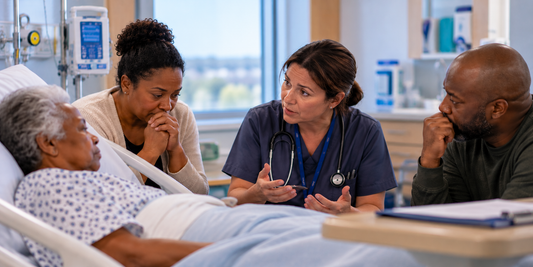 Senior clinician discussing care with a patient and family during a difficult treatment decision